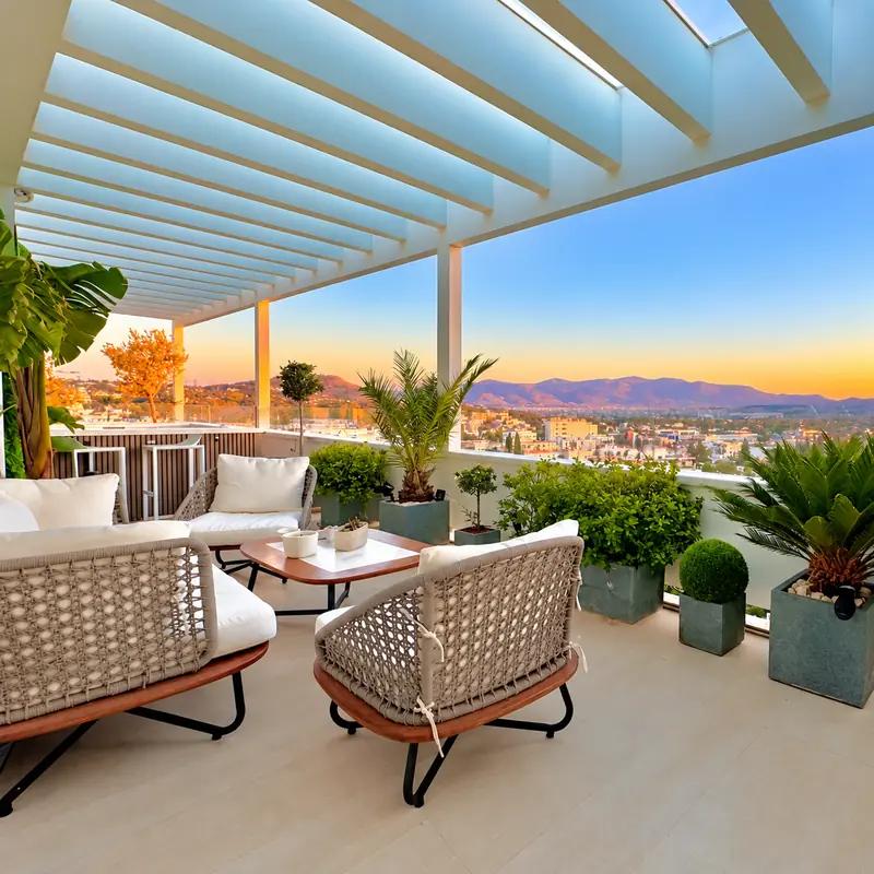 A shaded private terrace overlooking the Athens skyline